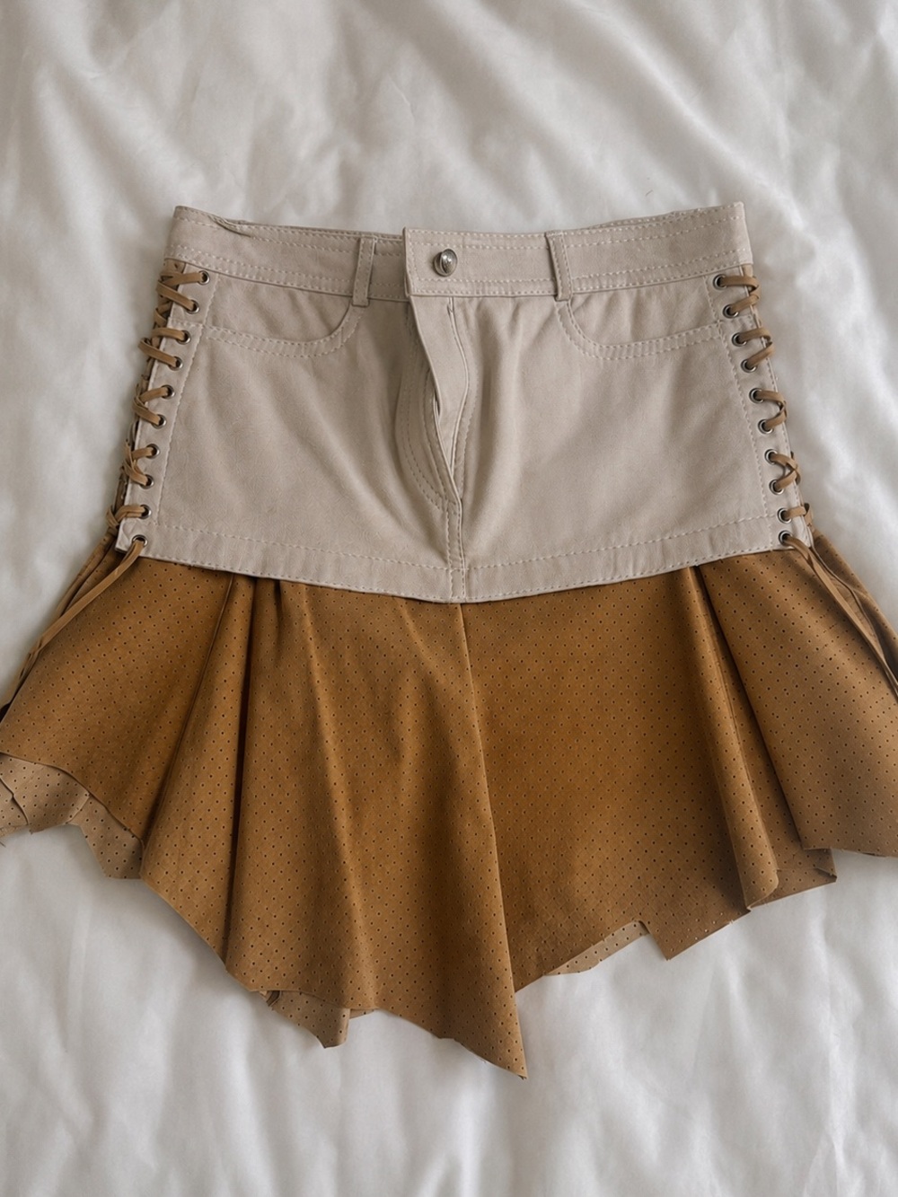 Vintage Donald J Pliner Lace-Up Leather Mini Skirt 🤍🤎 Y2K Moto Fairycore